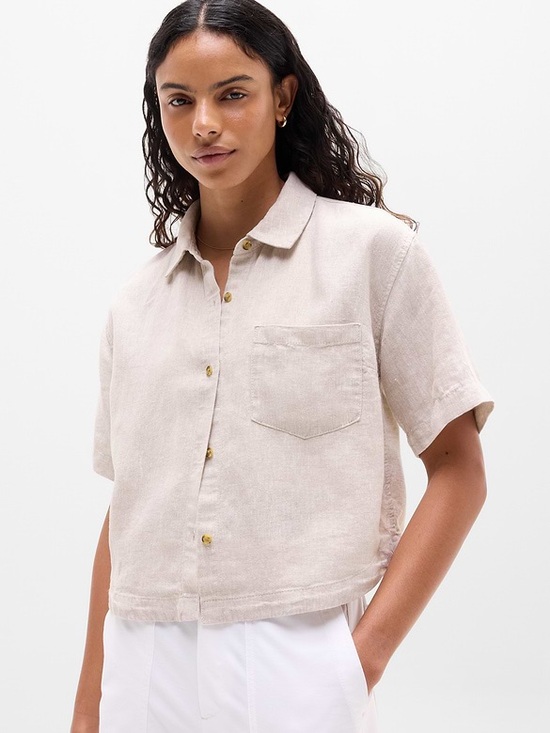 Athleta Tops - Athleta Retreat 100% Linen Short Sleeve Collared Shirt Natural Beige Size XL